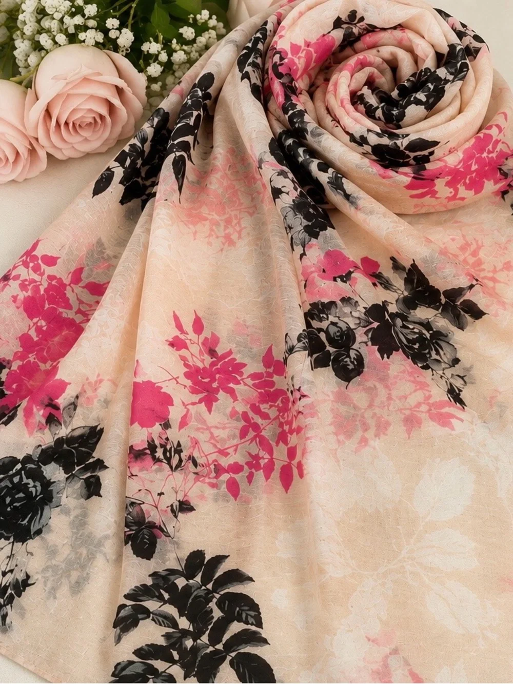 Talbots Cotton Silk Floral Scarf Pink Rose Print 26x66 Lightweight Wrap